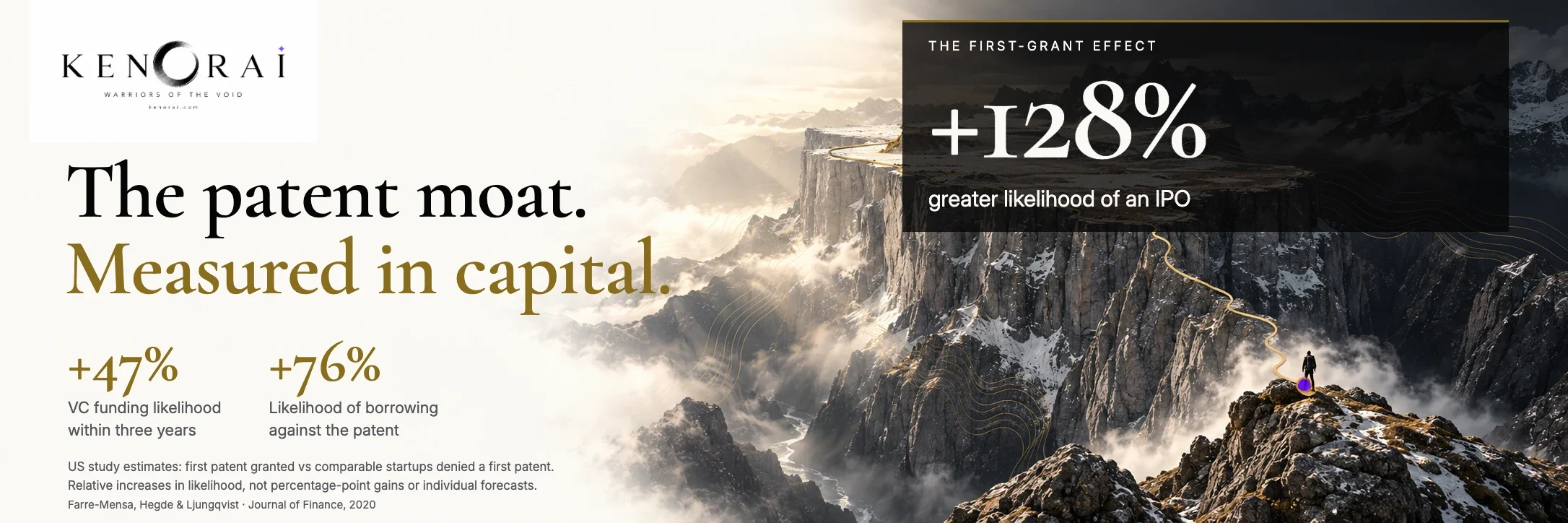 Kenorai logo above The patent moat. Measured in capital. A founder faces a mountain plateau outlined in bronze.
