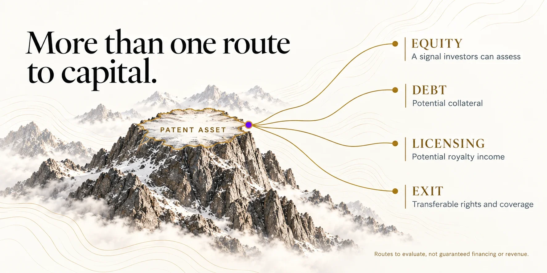 A patent asset on a mountain plateau branches to equity, debt, licensing and exit, each with a potential economic use.