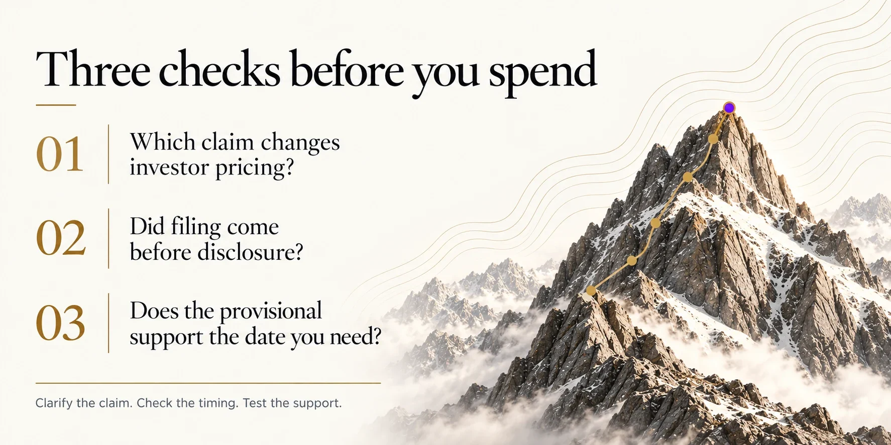 Three questions: Which claim changes investor pricing? Did filing precede disclosure? Does the provisional support the date needed? A mountain route connects three points.